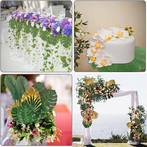 72 Pieces 10 Kinds Artificial Palm Leaves Golden Tropical Leaves with Stems - Picture 6 of 7